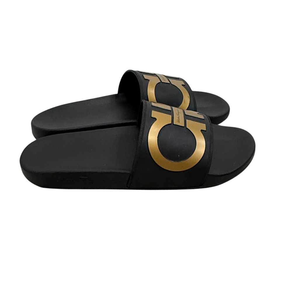 Salvatore Ferragamo Logo Slide Sandals Size Mens 11 Groove 2 Black Gold Gancini - Picture 7 of 10
